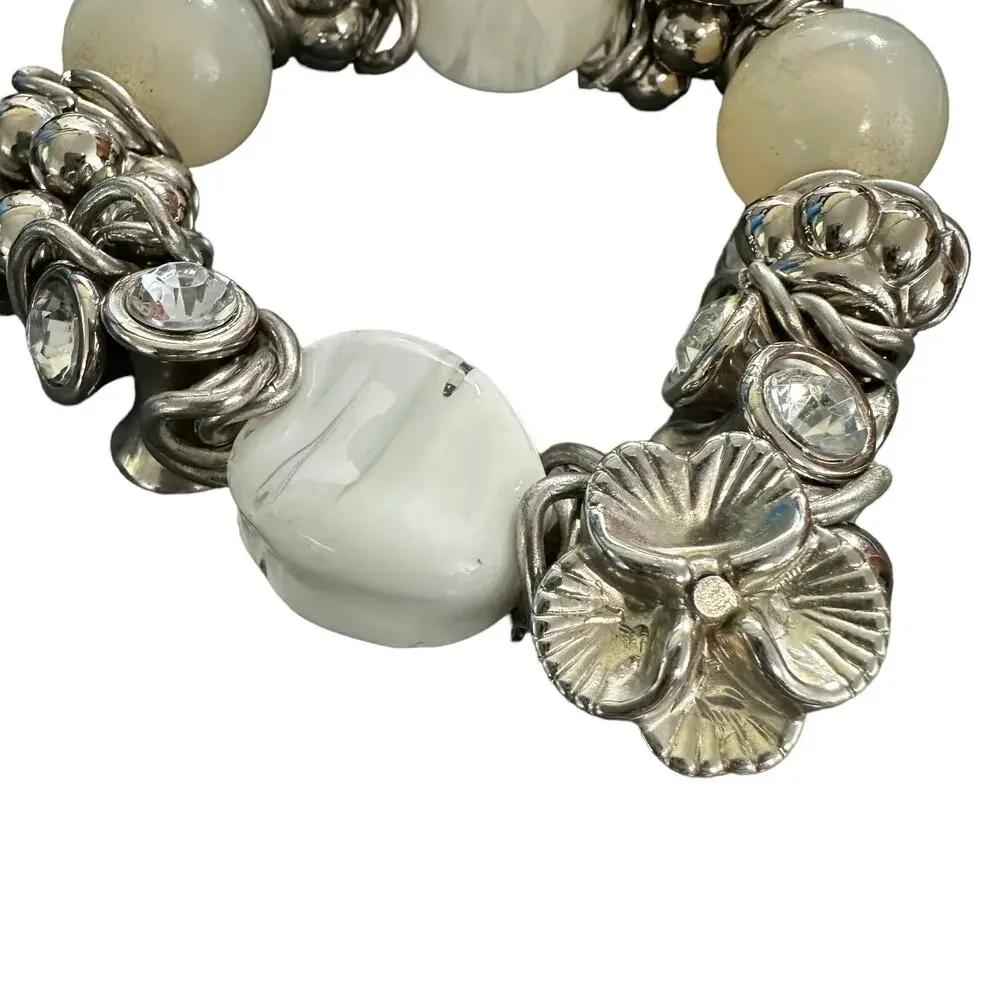Vintage 90s Silver Tone And Glass Stone Chunky Stretch Bracelet